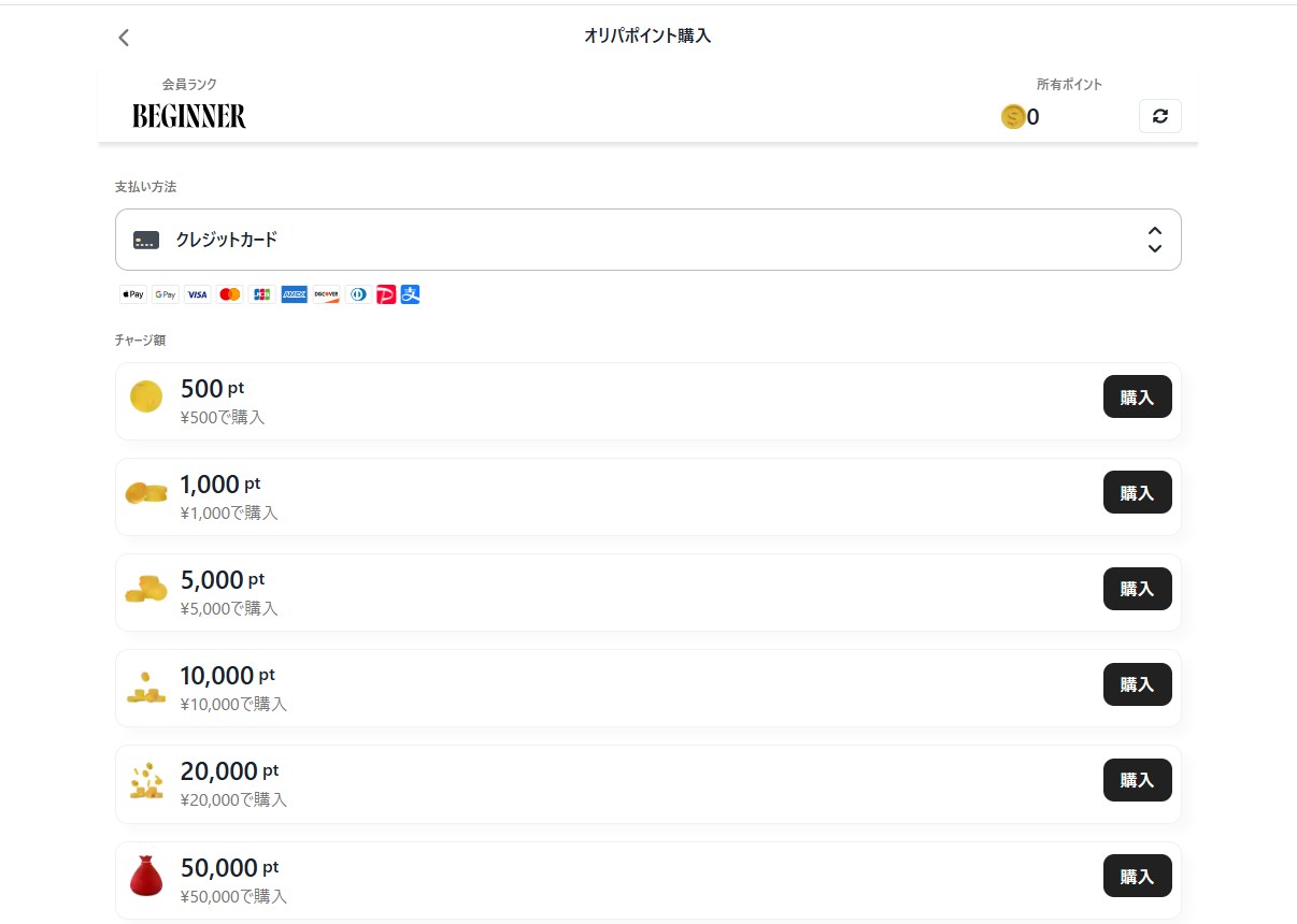 ポイントチャージ画面(クレジットカード、銀行振込、PayPay等)